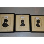 W.A. Bettesworth, group of three silhouette profile portraits of lady, gentleman and a boy, ebonised