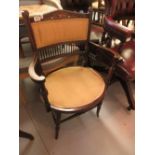Edwardian mahogany marquetry and line inlaid drawing room elbow chair with spindle back and arm