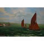 Oil on canvas, sailing vessels leaving harbour, signed Hyde, dated '85, 19ins x 23.5ins, framed