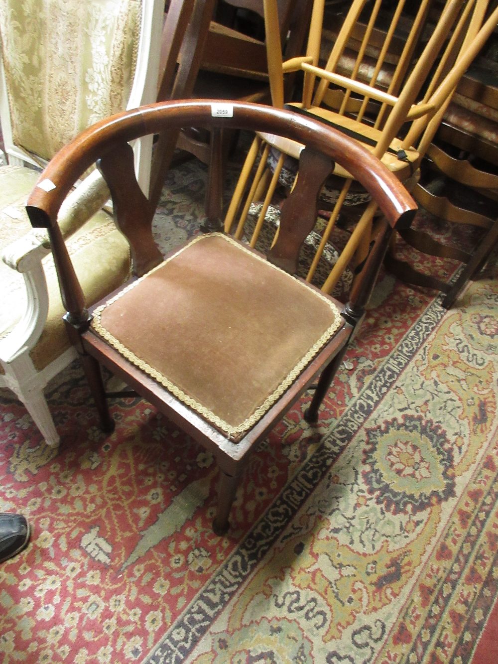 Stained beechwood corner chair with crossover stretcher, three tier folding cake stand and a