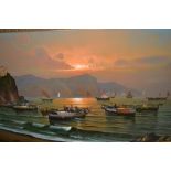 M. Galanti, 20th Century oil on canvas, various fishermen at sunset in the Bay of Naples, gilt