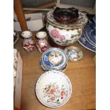 Japanese porcelain jardiniere decorated with birds and flowers on a hardwood stand, pair of small