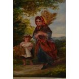19th Century oil on canvas, landscape with figure and child carrying wood, 9ins x 7ins