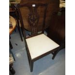 18th Century mahogany carved splat back side chair with drop-in seat on square chamfered supports