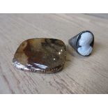 Hardstone portrait ring together with an oval moss agate brooch There is damage to the cameo,