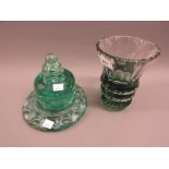 Val Saint Lambert green overlay cut glass vase, 6.5ins high, together with an inkwell and stand