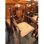 Child's Edwardian mahogany and marquetry inlaid open elbow chair