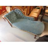 Victorian mahogany and blue button cord upholstered chaise longue No major stains but is a little