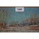 Impressionist school, small oil on board, winter snow scene with trees and distant buildings,