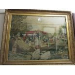 19th Century woolwork picture, 18th Century scene of figures on a Royal barge, gilt framed, 26ins