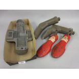 Vintage Brannock shoe fitter together with a pair of child's slipper warmers and another pair of