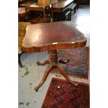 Pair of mahogany red leather inset square shaped top pedestal tables, on single turned tapering