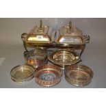 Plated on copper double entree dish on stand with burners, together with five various plated