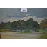 Modern British school, oil on canvas board, river scene with a wooden bridge, unsigned, 10ins x