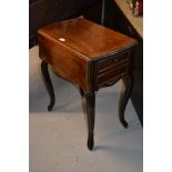 19th Century Continental rosewood and brass mounted drop-leaf work table with two end drawers raised