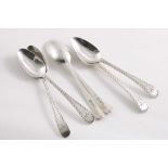 A SET OF SIX GEORGE III OLD ENGLISH PATTERN TEA SPOONS with bright-cut borders & the scratched