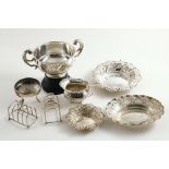 A MIXED LOT:- Three bonbon dishes, a small two-handled cup, a pair of small toast racks, a small