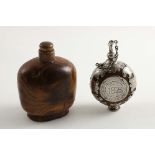 AN EARLY 19TH CENTURY NORWEGIAN MOUNTED BURR-WOOD FLASK with a screw cover & "spike" stopper,