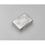 AN EARLY GEORGE III SILVER SNUFF BOX of rectangular form with a shaped thumbpiece & slightly