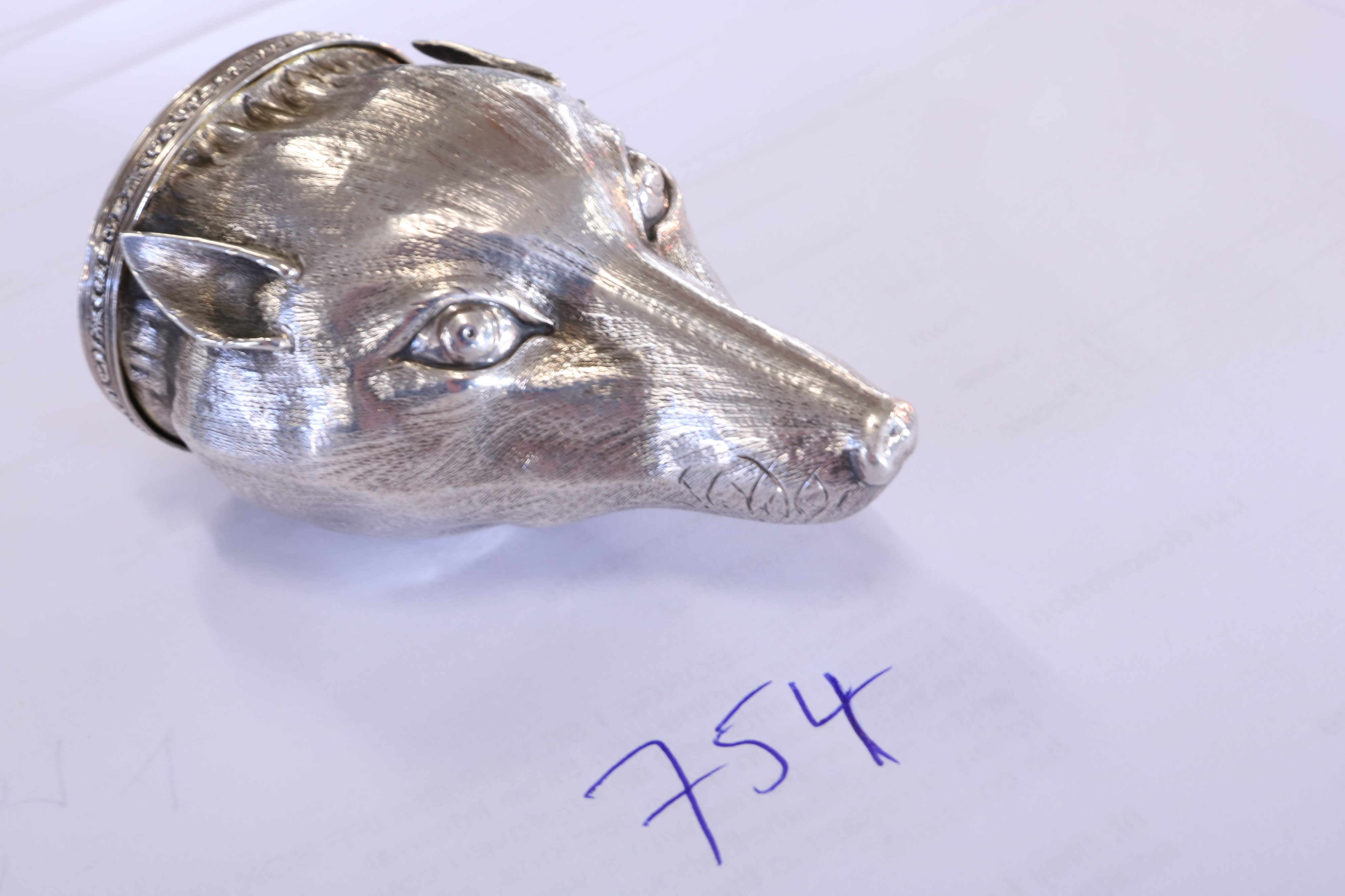 A WILLIAM IV SILVER SNUFF BOX in the form of a fox mask with textured fur, the hinged oval cover - Image 3 of 6