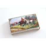 A VICTORIAN RECTANGULAR VESTA CASE with a flip cover, enamelled on the front with a hunt meet, by