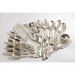 A MIXED LOT OF FLATWARE & CUTLERY:- Five various table spoons, a George III fish slice, a dessert
