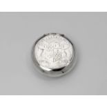 A LATE CHARLES II SILVER TOBACCO "PEBBLE" of squat circular form with an engraved coat of arms and