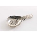 A GEORGE III CADDY SPOON with an inset filigree panel in the bowl and engraved, Greek-key borders,