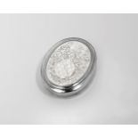 AN EARLY GEORGE I SILVER TOBACCO BOX oval with moulded borders and a pull-off cover, engraved with a