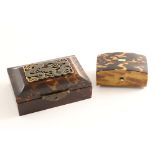 A SMALL LATE 19TH CENTURY TORTOISESHELL-COVERED BOX on ball feet with a low-domed cover, and a