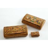 TWO 19TH CENTURY BURR-WOOD SNUFF BOXES of oval section with concealed hinges and painted