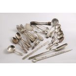 MISCELLANEOUS FLATWARE:- A marrow scoop, a meat skewer, a sugar sifter ladle, a two-prong tong,