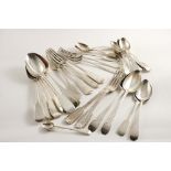 A MIXED LOT:- Seven Fiddle table spoons, four Scottish fiddle table forks, a Fiddle dessert fork,