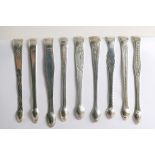 FULLY MARKED & BRIGHT-CUT:- Nine various George III pairs of sugar tongs (some initialled), by