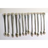 PLAIN, OLD ENGLISH:- Thirteen pairs of George III sugar tongs, mixed makers, George III-IV period (