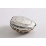 A GEORGE III MOUNTED COWRIE SHELL SNUFF BOX with reeded borders, the cover engraved with an oval