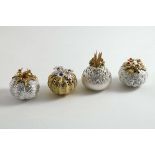 FOUR VARIOUS LATE 20TH CENTURY PARCELGILT POT-POURRI HOLDERS, each resembling a bulb or corm with