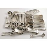 A VICTORIAN COLLECTED OR HARLEQUIN PART-SET OF ADMIRALTY PATTERN FLATWARE INCLUDING:- Six table