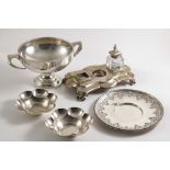 A MIXED LOT:- A Victorian inkstand (A/F), a Victorian circular stand with a chased and beaded