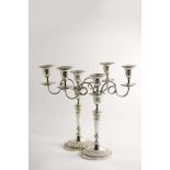 A PAIR OF LATE VICTORIAN THREE-LIGHT CANDELABRA with part-fluted oval bases, tapering columns and