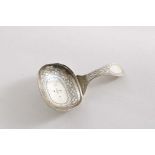 A GEORGE III ENGRAVED CADDY SPOON with a rounded, square bowl, by Wardell & Kempson, Birmingham