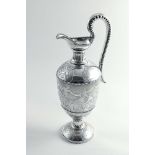 A VICTORIAN ENGRAVED HOT WATER JUG OR EWER in the form of a classical vase with bead borders and a
