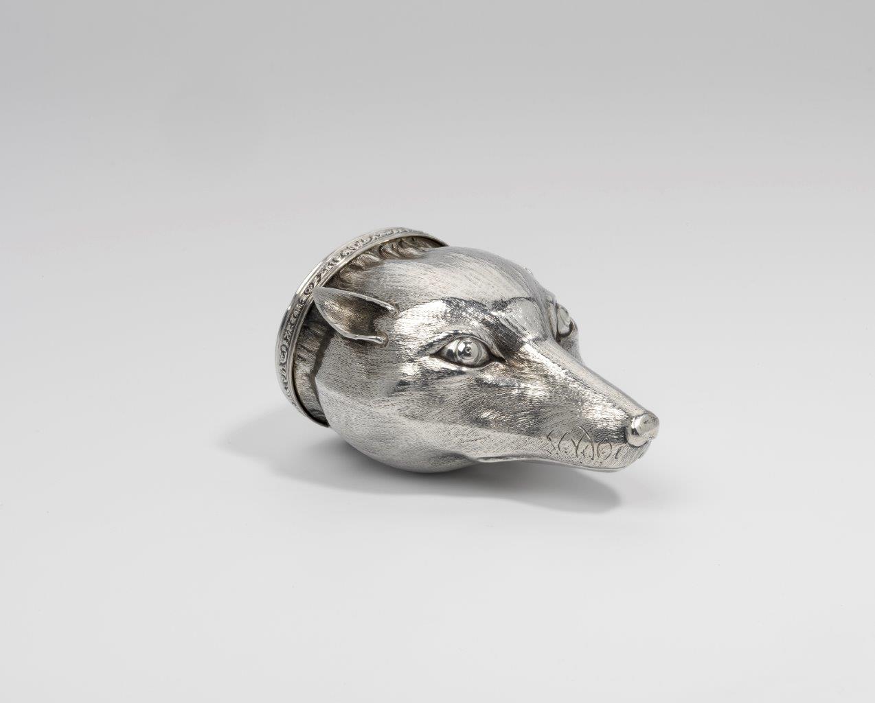 A WILLIAM IV SILVER SNUFF BOX in the form of a fox mask with textured fur, the hinged oval cover