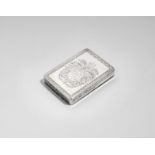 A GEORGE I RECTANGULAR SILVER SNUFF BOX shallow with rounded corners and engraved still leaf