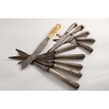 TEN VARIOUS GEORGE III KNIVES with steel blades and a late Victorian bread knife with a carved ivory