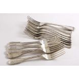 FIDDLE & THREAD PATTERN:- A set of seven George III table forks, crested, by George Smith, London