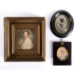 ENGLISH SCHOOL 19TH CENTURY A miniature portait of a lady wearing ribboned cap, half length. ink and