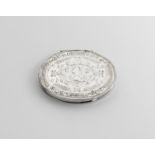 A GEORGE I SILVER OVAL SNUFF BOX with a "stand-away" hinge & reed borders, the cover die-stamped the