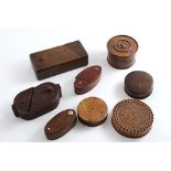 FOUR VARIOUS 19TH CENTURY WOODEN "PUZZLE-OPENING" SNUFF BOXES and four various circular wooden snuff