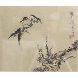 ATTRIBUTED TO PAN TIANSHOU, Two birds in flight over a landscape, ink on paper, signature and red